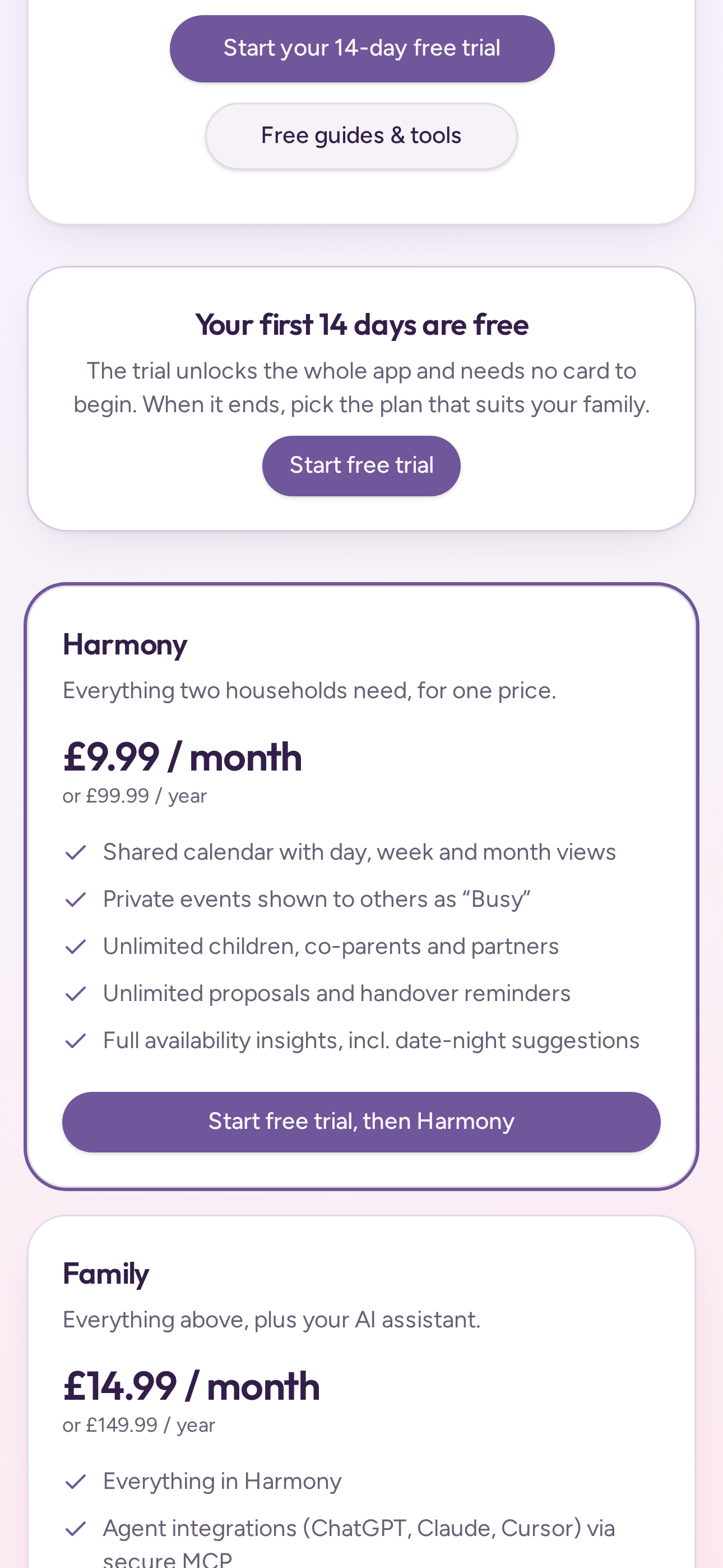 The plans screen showing the Harmony and Family subscriptions with a 14-day free trial