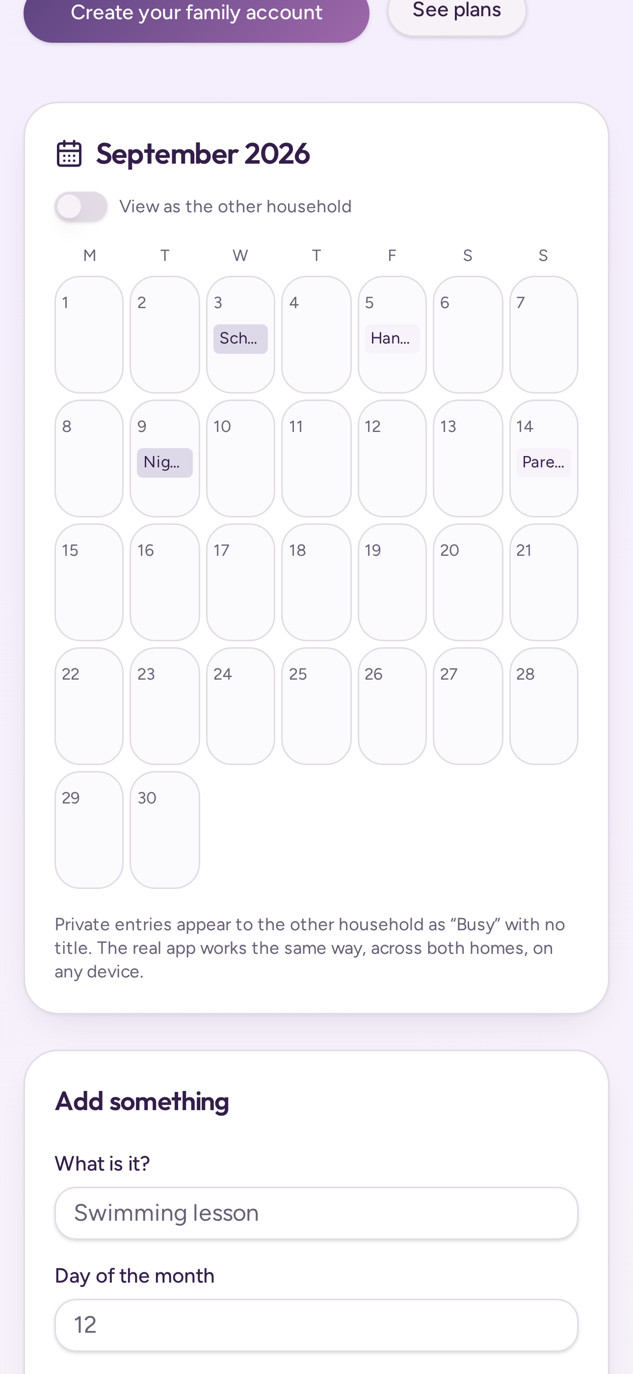 A shared family month showing school, handover and parents’ evening entries across two homes