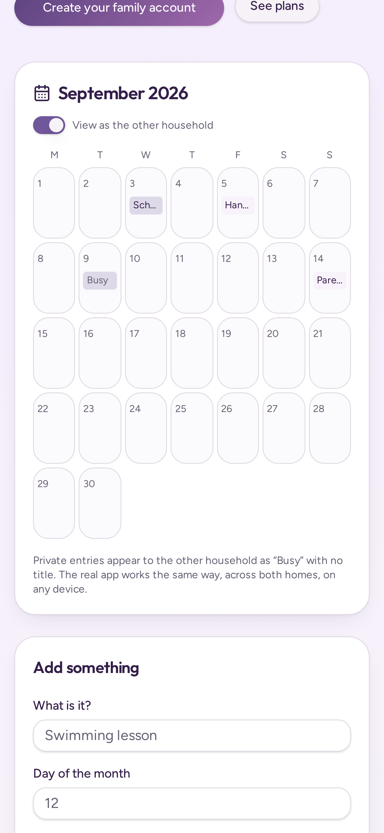 A calendar entry marked private, shown to the other household as Busy with no title or detail